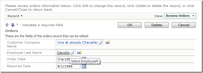Employee Last Name Lookup field rendered as a link within a textbox.