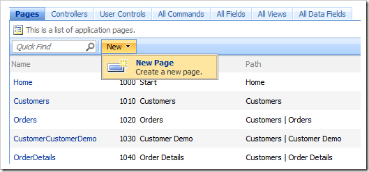 New Page menu option in the Project Designer.