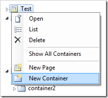 New Container to 'Test' page in Project Explorer.