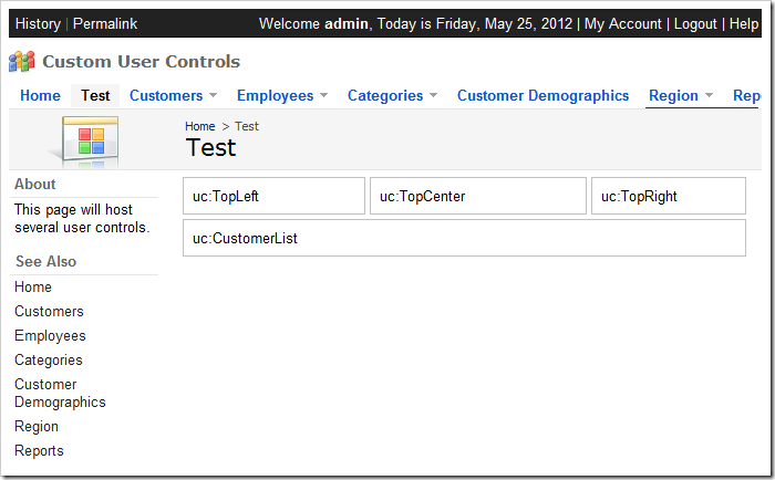 Test page with uncustomized user controls.