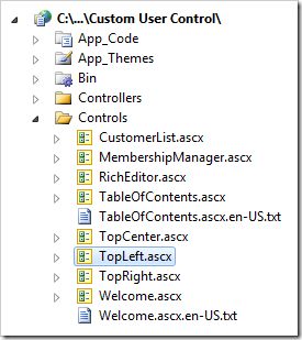 TopLeft user control in Visual Studio's Solution Explorer.