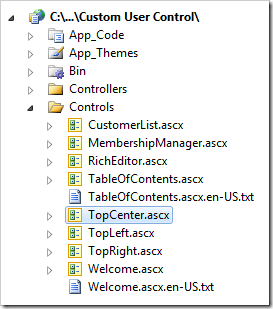 TopCenter user control in Visual Studio's Solution Explorer.