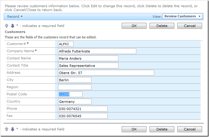 Customers edit form with Postal Code label.