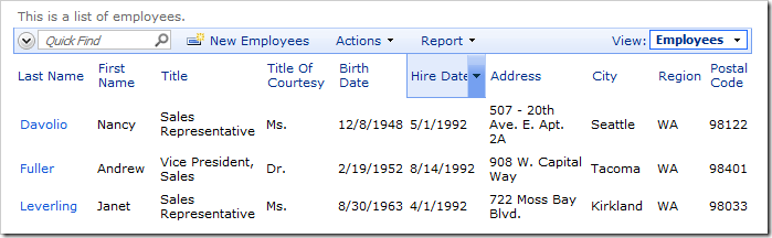 Hire Date is visible on the Employees grid view by default.