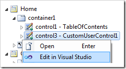 Context menu option Edit in Visual Studio for a control in Project Explorer.