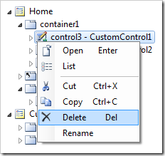 Delete option on control3 context menu.