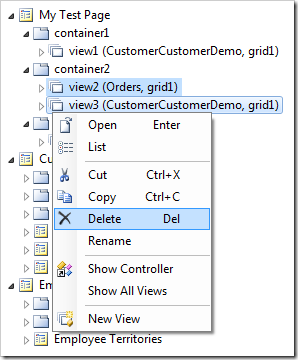 Delete context menu action for two selected data views.