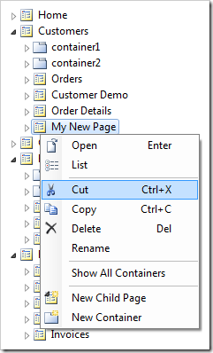 Cut context menu option on My New Page node.