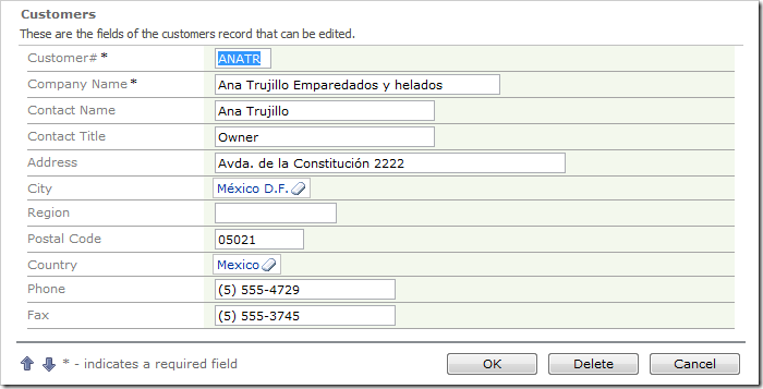 City and Country fields on Customers edit form are rendered as lookups.