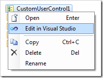 Edit in Visual Studio context menu option for user controls in the Project Explorer.