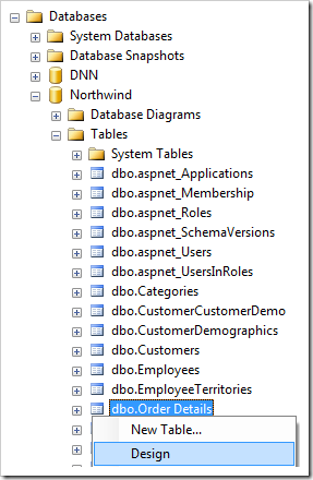 Design context menu option for Order Details table of the Northwind database.