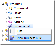 New Business Rule context menu option for Products controller.