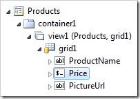 Price data field of grid1 on the Products page.