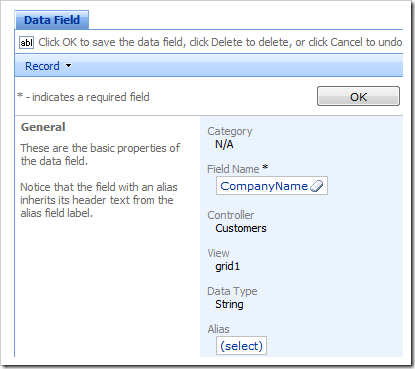 Company Name data field selected in the Project Browser.