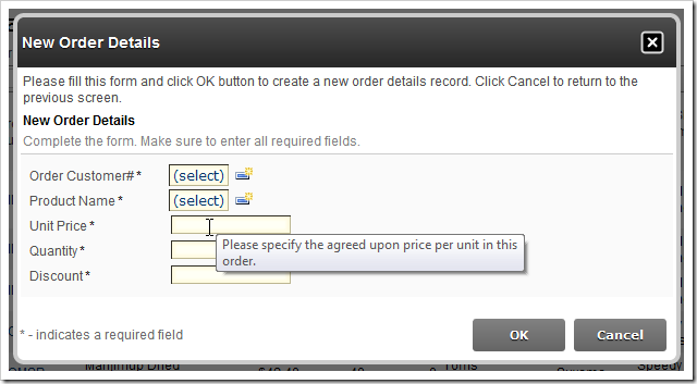Specified tooltip displayed when user mouses over Unit Price input box.