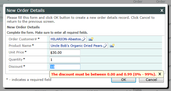 Validation is performed on Discount field.