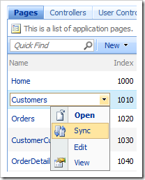 'Sync' context menu option for pages in the Pages grid view.