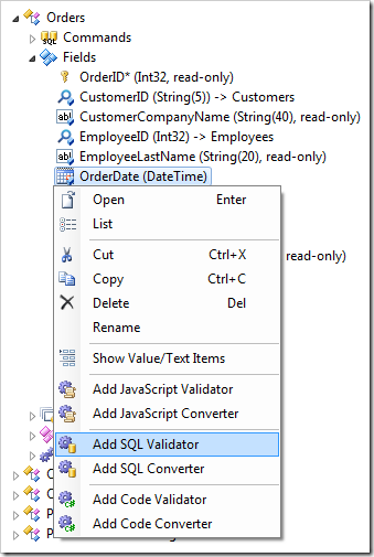 Add SQL Validator context menu option for a field in the Project Explorer in Code On Time web application generator.