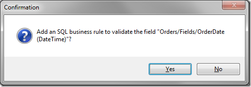 Confirmation window to add an SQL business rule.