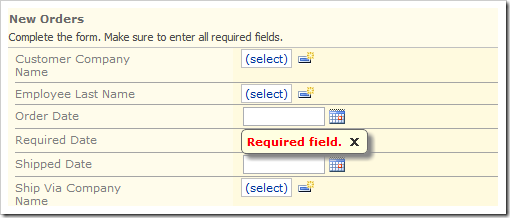 Error message displayed for validated field when new order is saved.