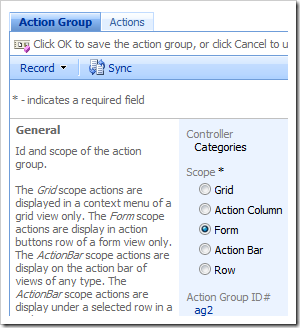 Action group detail form in the Project Browser.