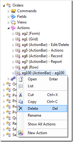 Action group context menu option Delete in the Project Explorer.