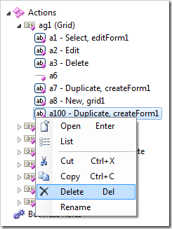 Delete context menu option for an action node.