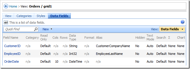 Data Fields tab on View properties page.