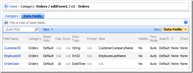Data Fields tab on category properties page.