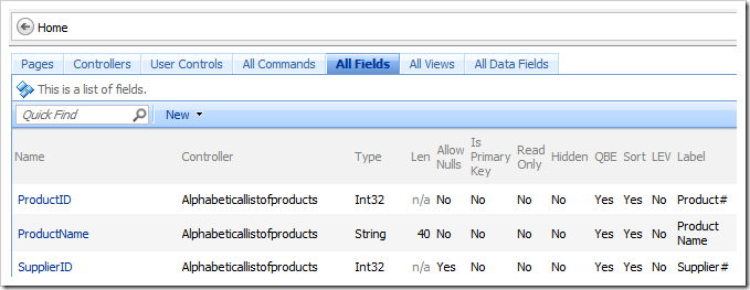 All Fields tab on the Home page of the Project Browser displays all fields in the web application