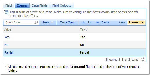 List of static field items on the Items tab of the Fields page.