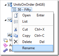 Rename context menu option for an item.
