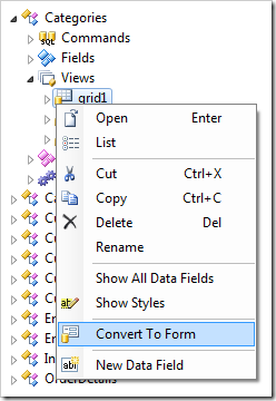 Convert to Form context menu option in the Project Designer for web applications.
