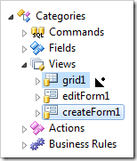 Dragging createForm1 view node to the right side of grid1 view in the Project Explorer.