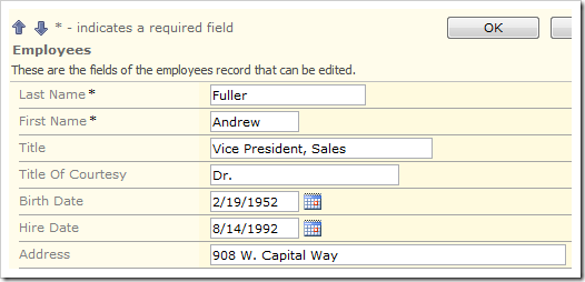 Employees edit form with First Name required field and the not required Title field.