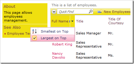 Largest on Top sorting option enabled for Full Name column.