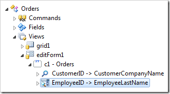 EmployeeID data field node in 'editForm1' view of Orders controller.