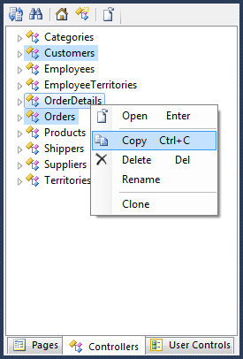 Copy context menu option on OrderDetails controller node in the Project Explorer.