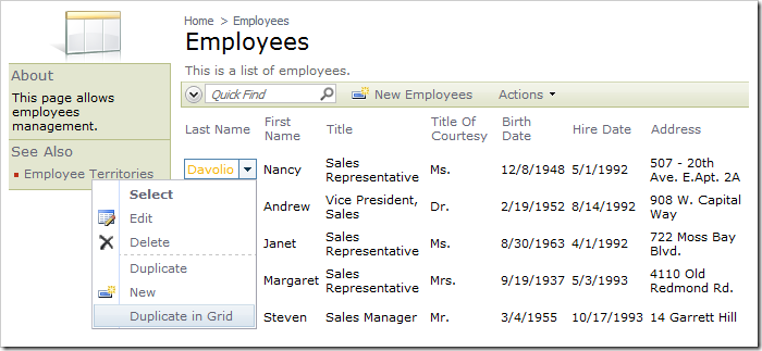 New action 'Duplicate in Grid' under context menu for row in Employees grid.