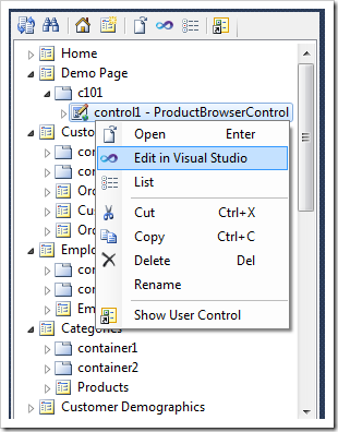 Activating Visual Studio to modify the markup of a user control instance placed in a page container
