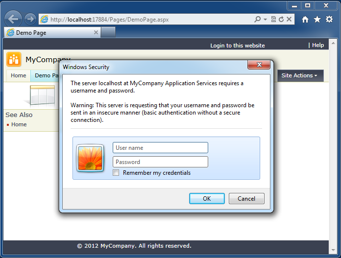 A standard browser login window displayed when a data controller REST resource requires authentication