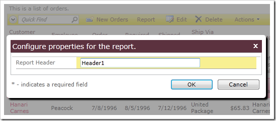 Confirmation controller with Report Header populated with the value 'Header1'.