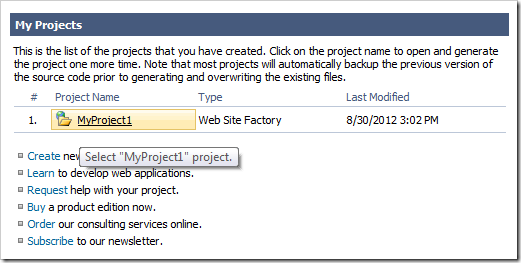 Clicking on the name of a project on the Start page of Code On Time web application generator.