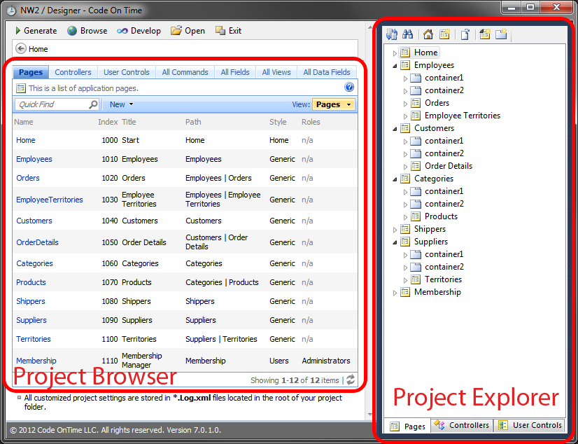 The Project Browser and Project Explorer panes of the Project Designer window.