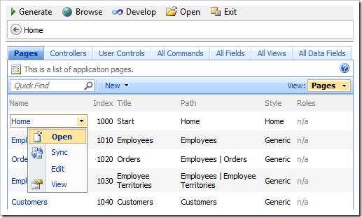 Open context menu option for 'Home' page in the list of pages of the Project Designer.