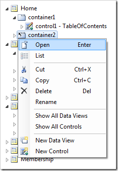 Open context menu on 'container2' node under Home page.