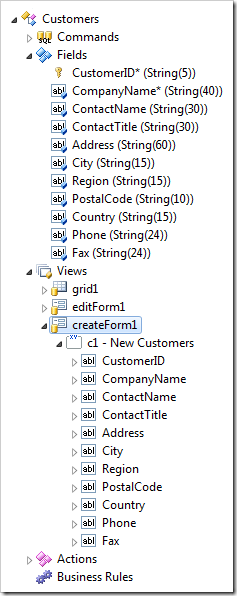 The highlighted view createForm1 includes the fields from the model