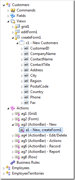 The highlighted action ag3 / a1 requires command New to be executed with the argument createForm1