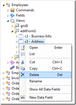 Delete context menu option on a category in the Project Explorer.
