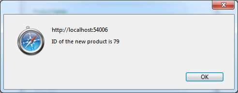 A confirmation with a product ID is displayed if a request to the application server of the web app has created a new product